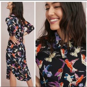 Anthropologie Maeve Martina Bird Print Viscose Belted Button Up Shirtdress / 8